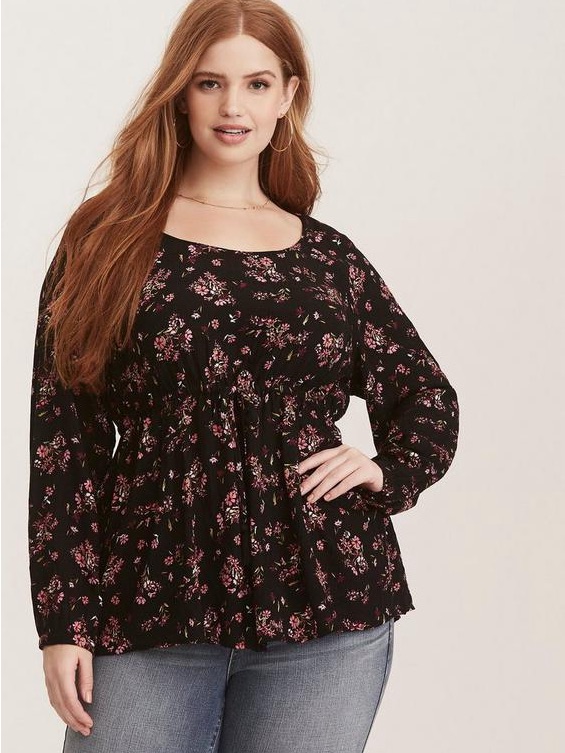 Torrid Black Floral Long-Sleeve Peplum Blouse